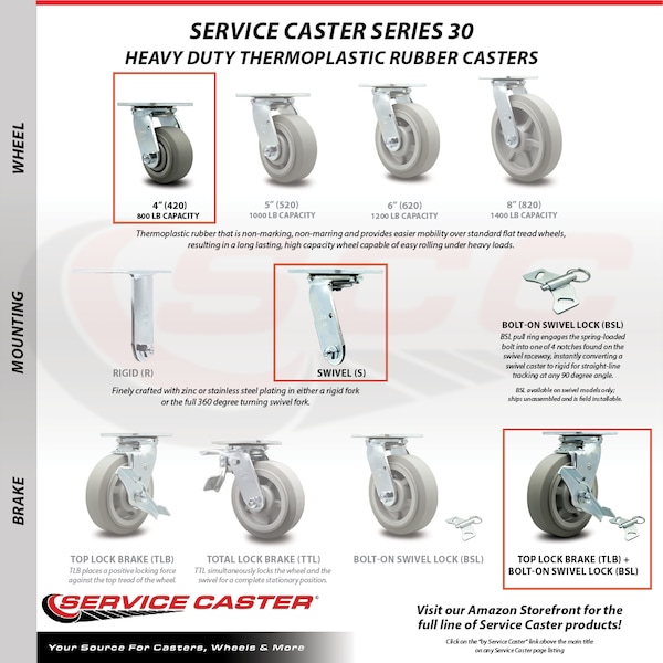 4 Inch SS Thermoplastic Rubber Caster with Ball Bearing and Brake/Swivel Lock